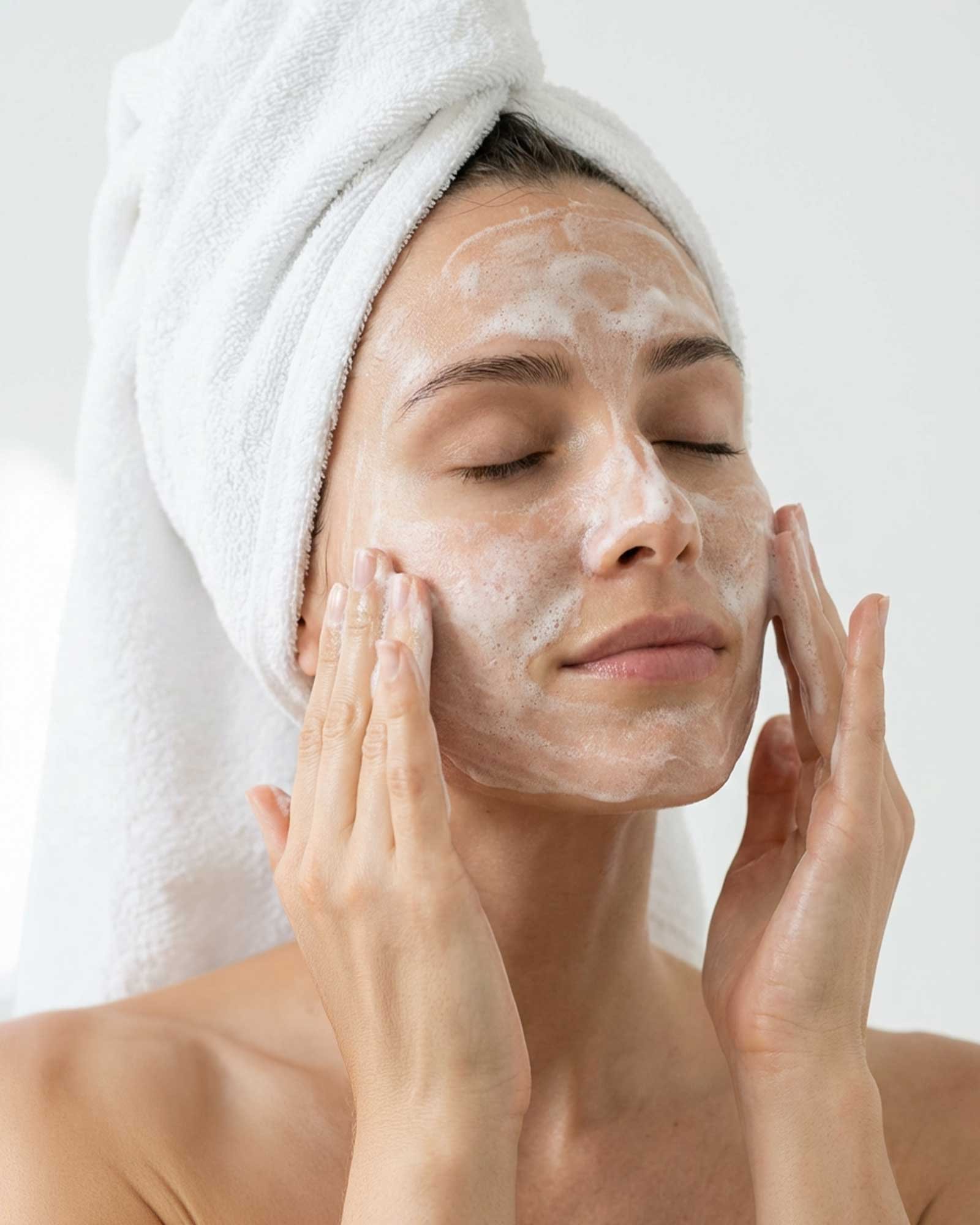 Femme nettoyant son visage dans un rituel skincare premium