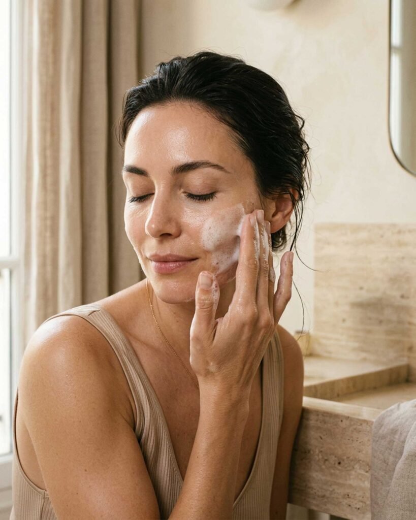 Application d’un sérum visage dans une salle de bain élégante