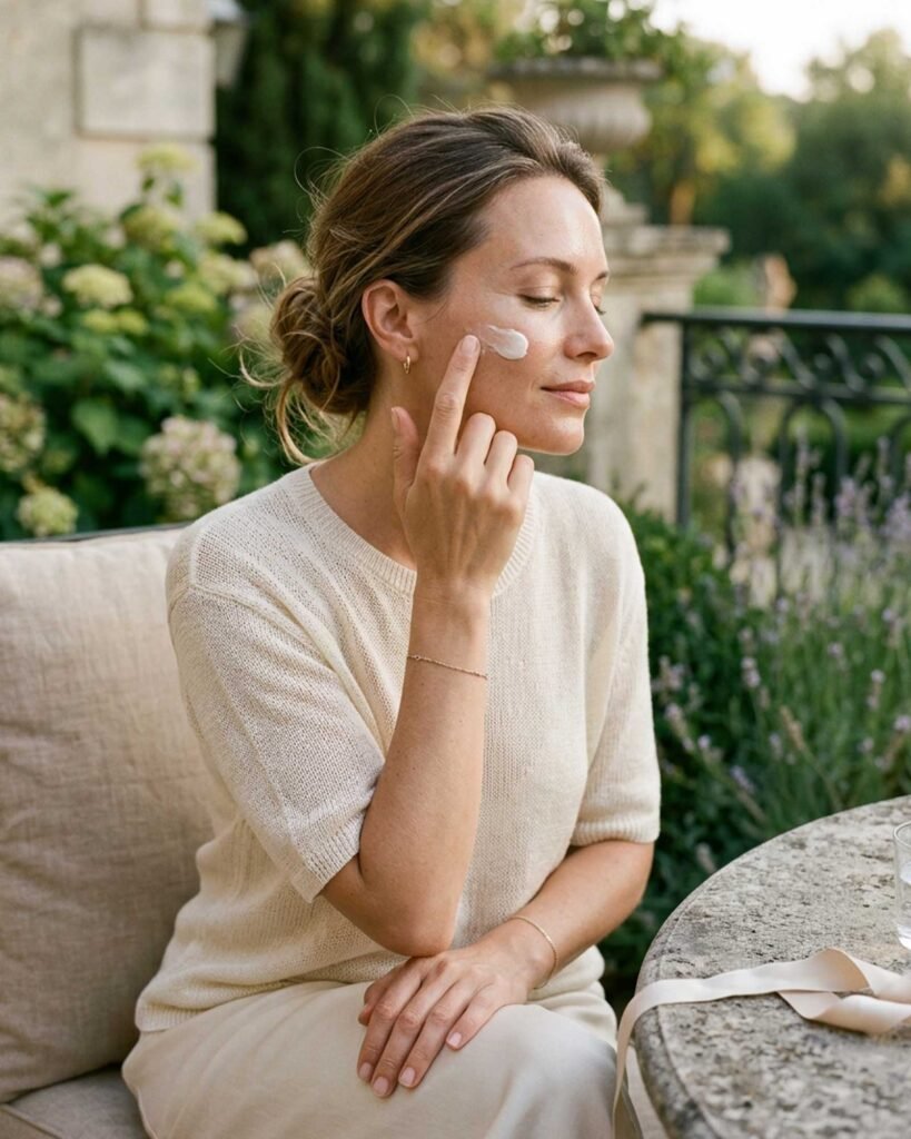 Application d’une crème hydratante dans un jardin raffiné