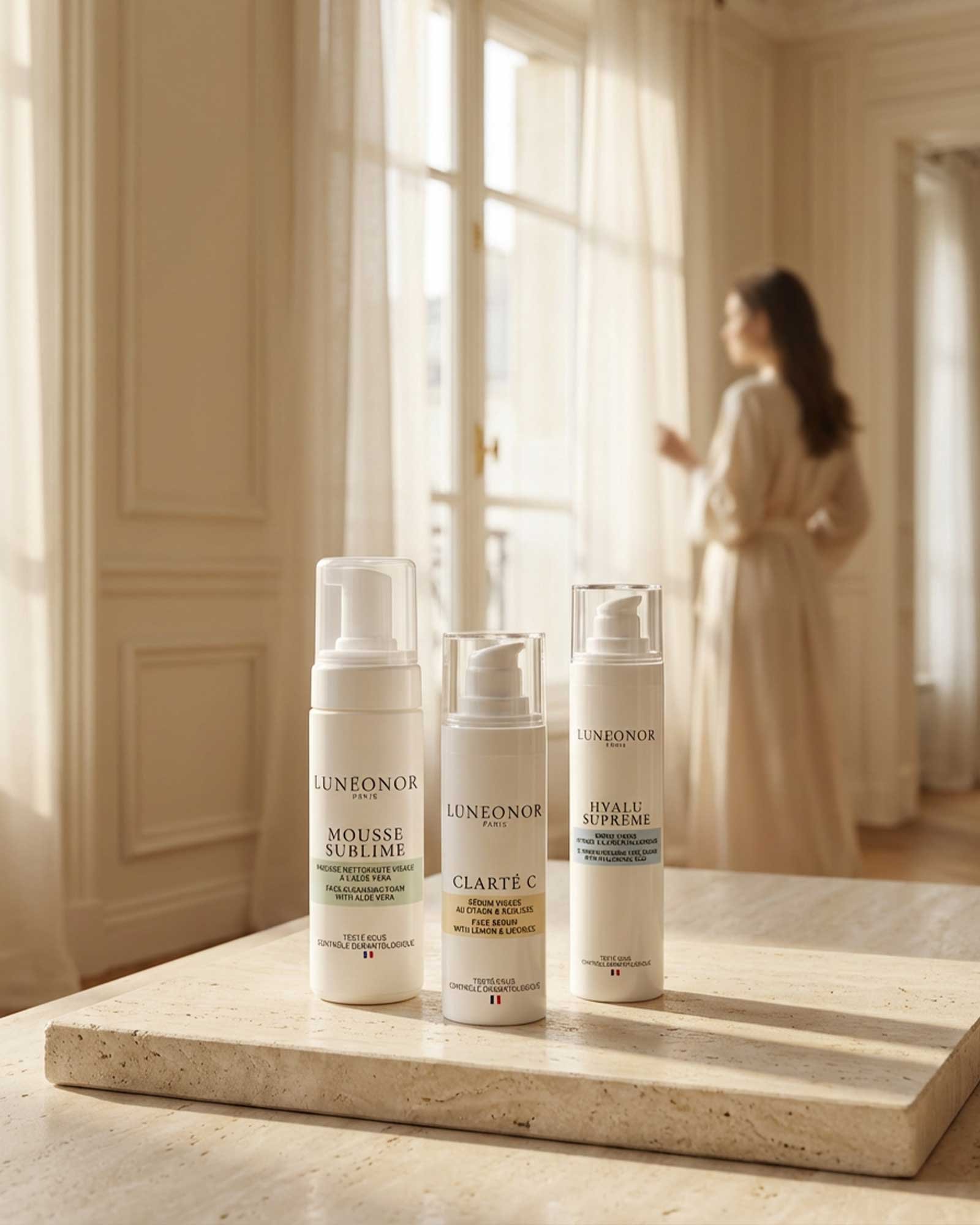 Rituel skincare premium en trois étapes avec les soins Lunéonor